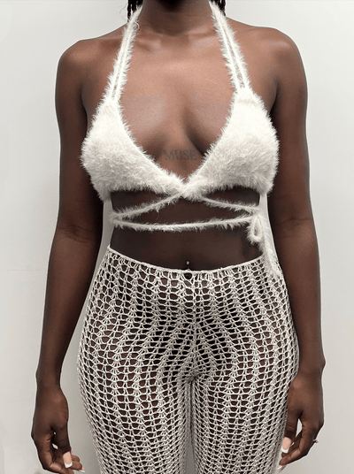 Off-white Fluffy knit self-tie bralette-Raquel de Carvalho-APOC STORE