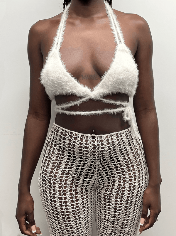 Off-white Fluffy knit self-tie bralette-Raquel de Carvalho-APOC STORE