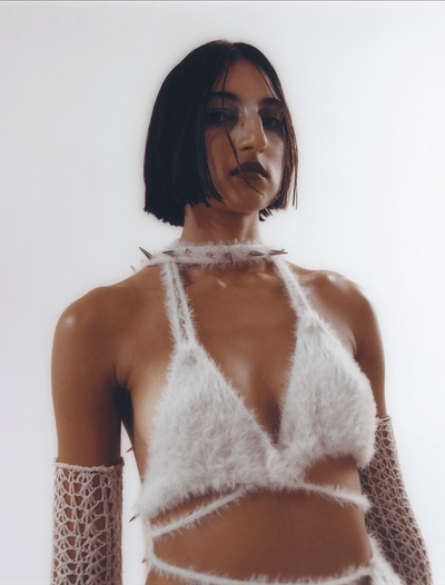 Off-white Fluffy knit self-tie bralette-Raquel de Carvalho-APOC STORE