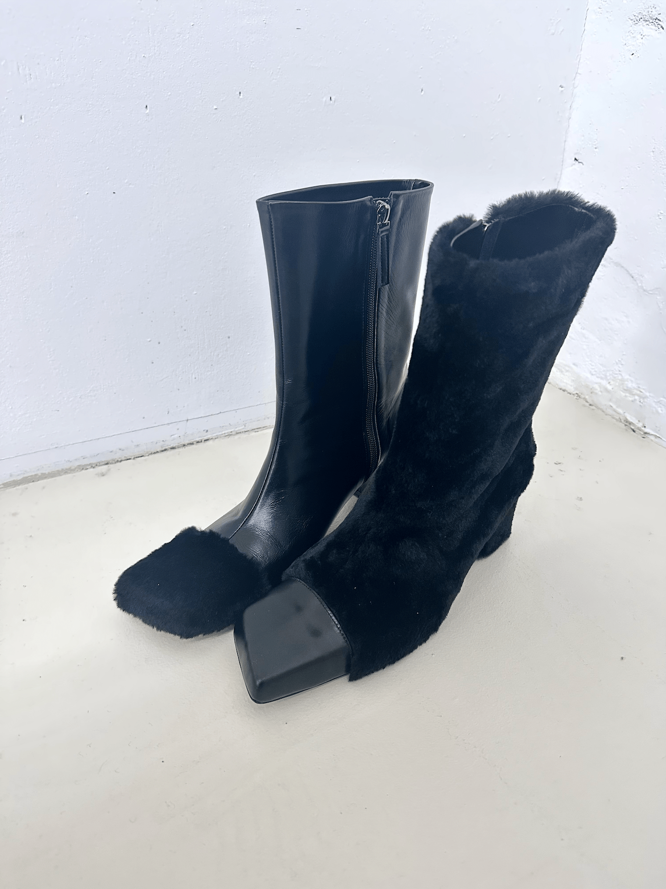 Asymmetry Slashed Fur Ankle Boots-Sung Ju-APOC STORE