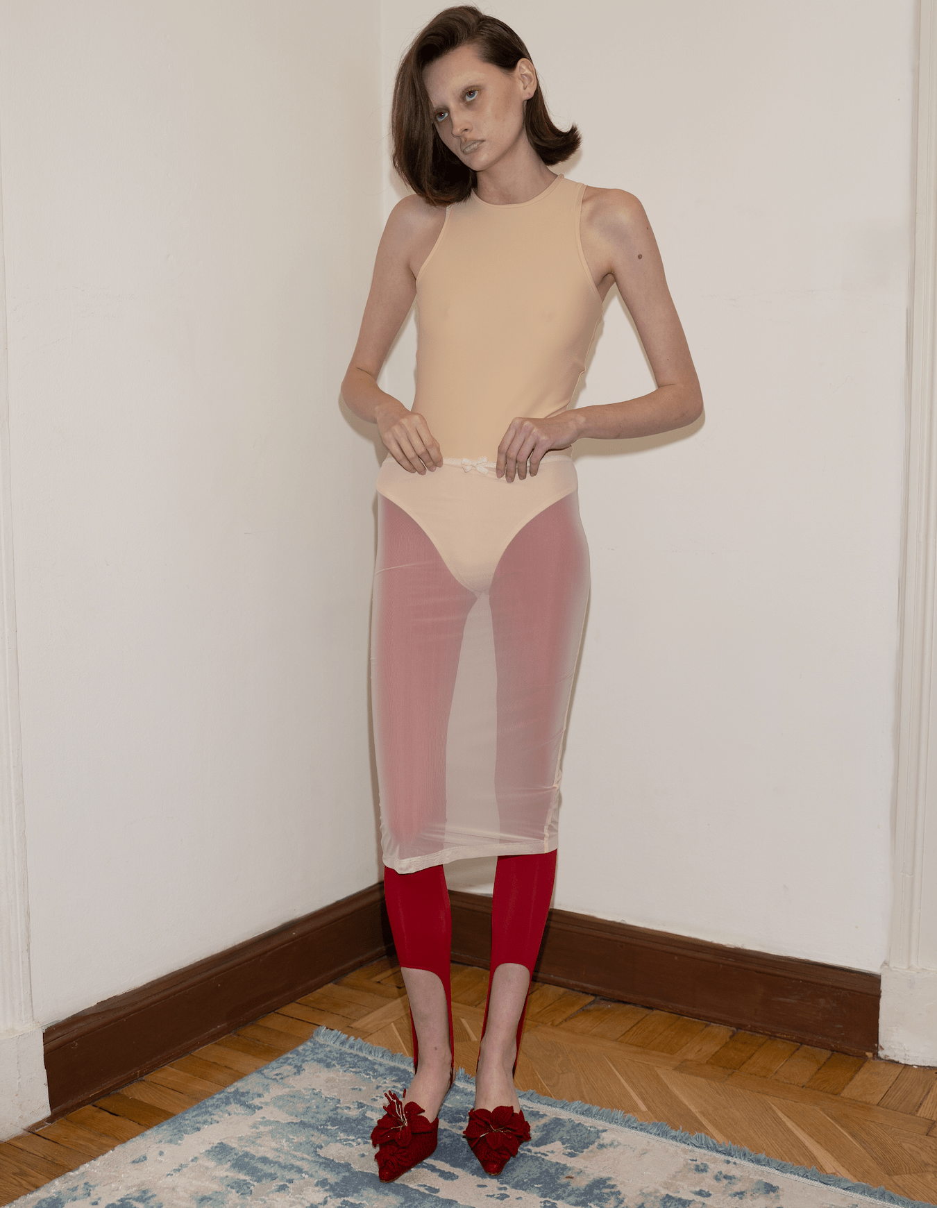 Mesh Midi Skirt with Bow Peach-Nastyamasha-APOC STORE