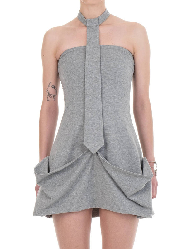 NECKTIE DRAPED DRESS Grey-Urte Kat-APOC STORE
