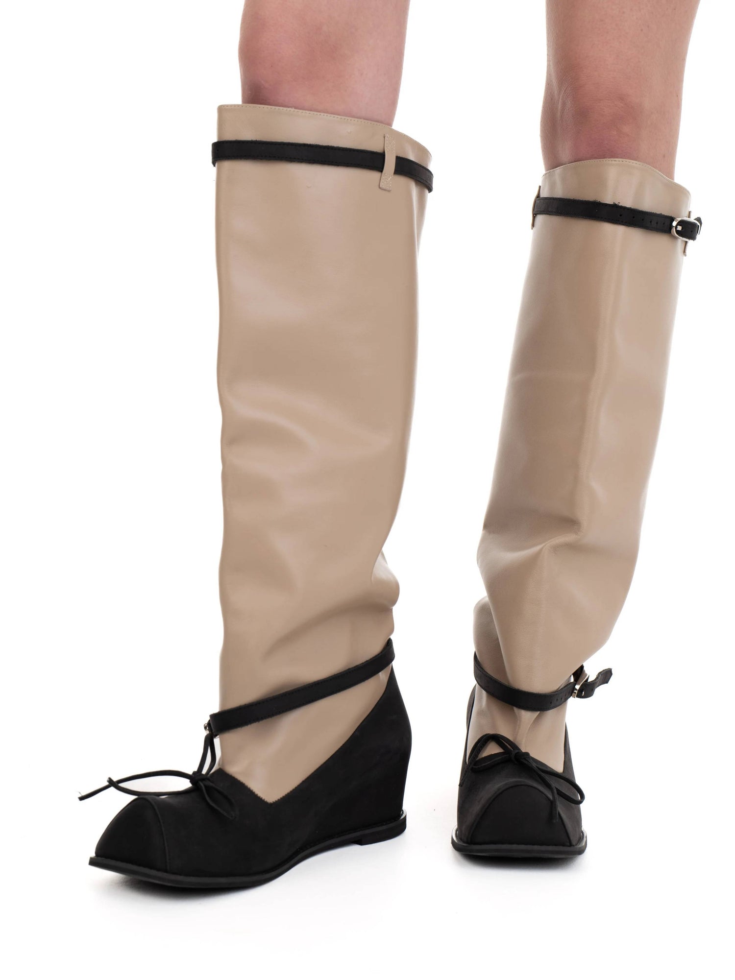 HOFA KNEE HIGH BUCKLE BOOTS BEIGE/BLACK-Urte Kat-APOC STORE
