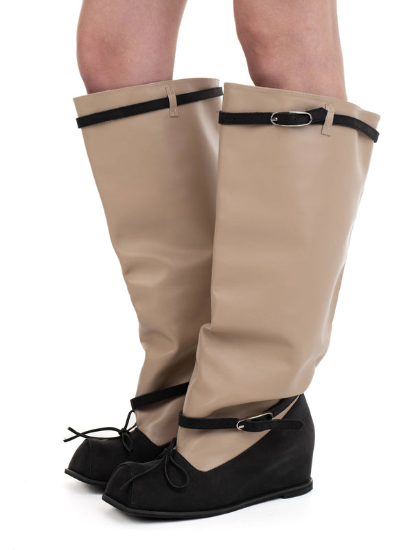 HOFA KNEE HIGH BUCKLE BOOTS BEIGE/BLACK-Urte Kat-APOC STORE