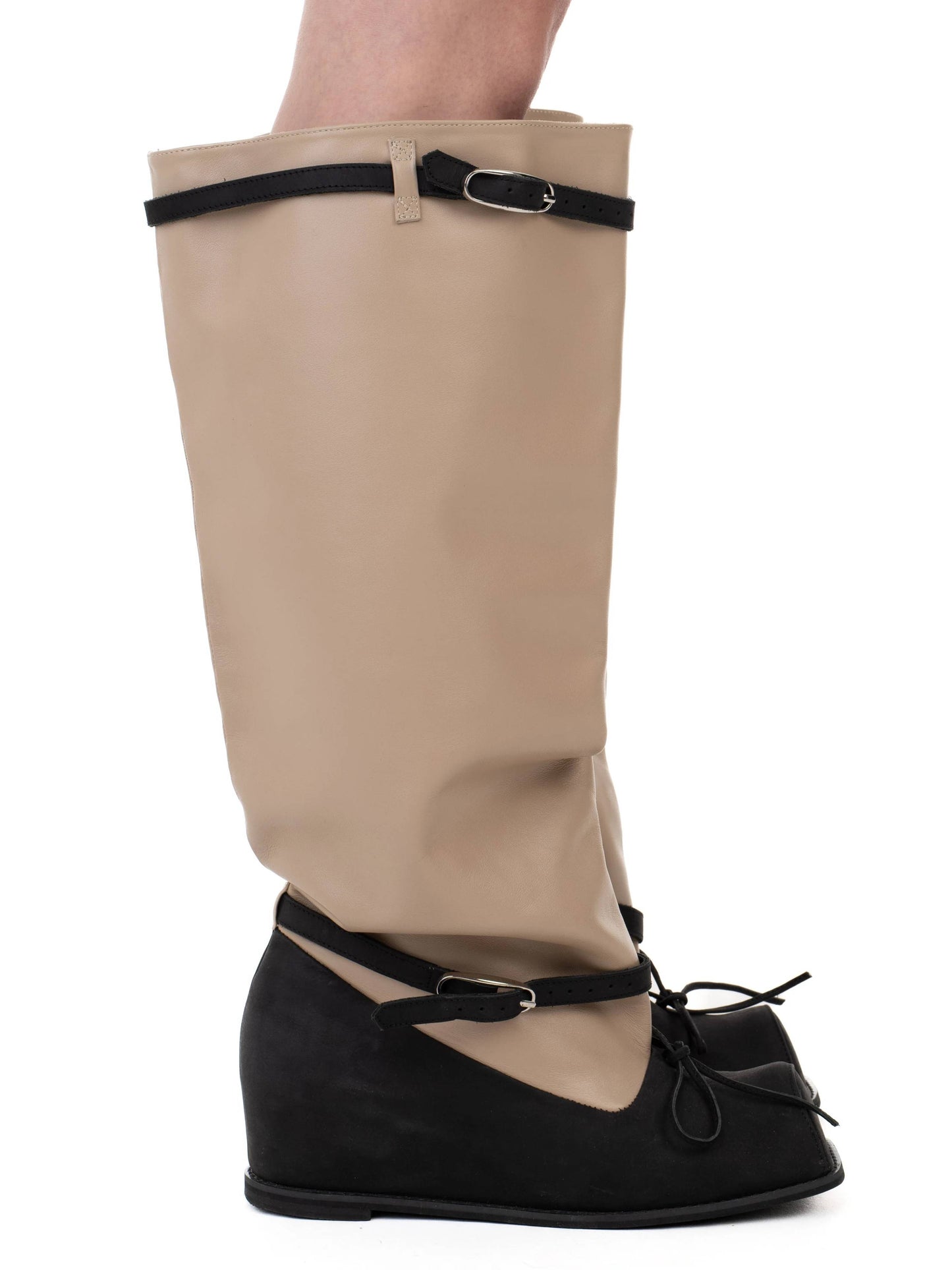 HOFA KNEE HIGH BUCKLE BOOTS BEIGE/BLACK-Urte Kat-APOC STORE