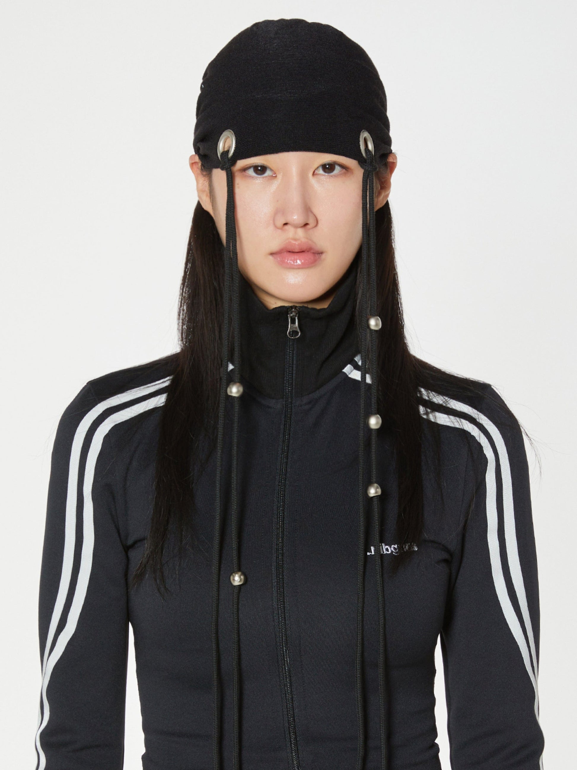 EYELET STRING BEANIE BLACK-Nibgnus-APOC STORE