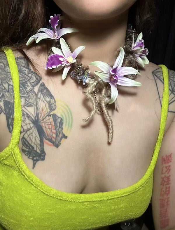 mini pink orchids handmade necklace-Strangefruit-APOC STORE
