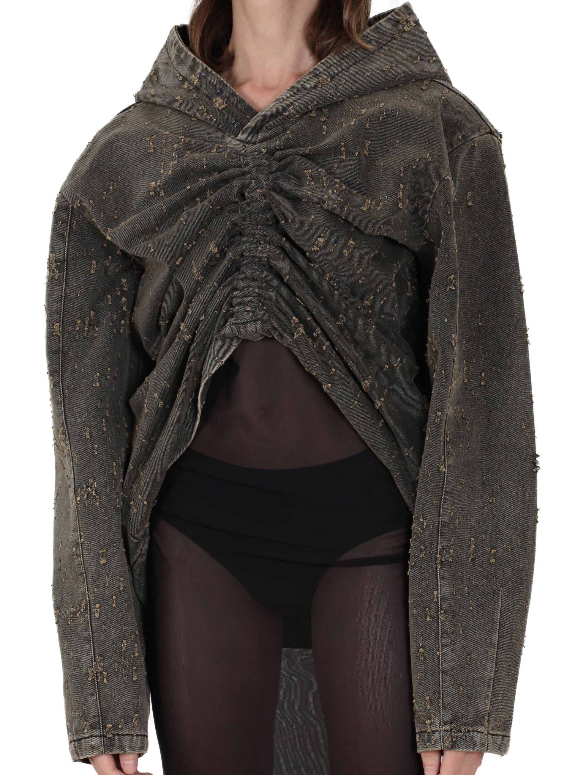 Distressed Cropped Hoodie-XIMONLEE-APOC STORE