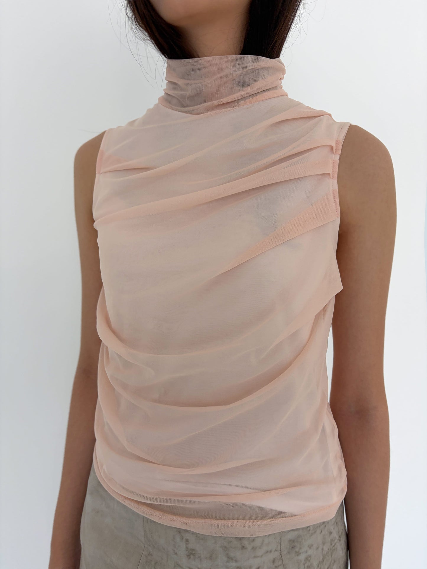 Draped Layer Top Peach-mesh blanca-APOC STORE