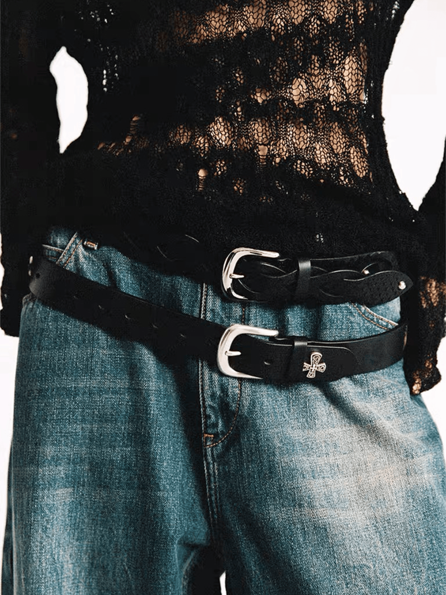 Black Embossed Portrait Leather Belt with Metal Studs-TRINITE Studio-APOC STORE