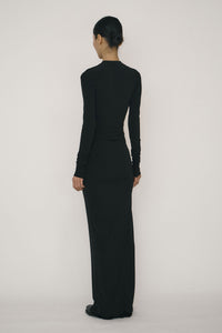 Black Skinny Long-Sleeve Mandarin Collar Maxi Dress-arc us arkus-APOC STORE