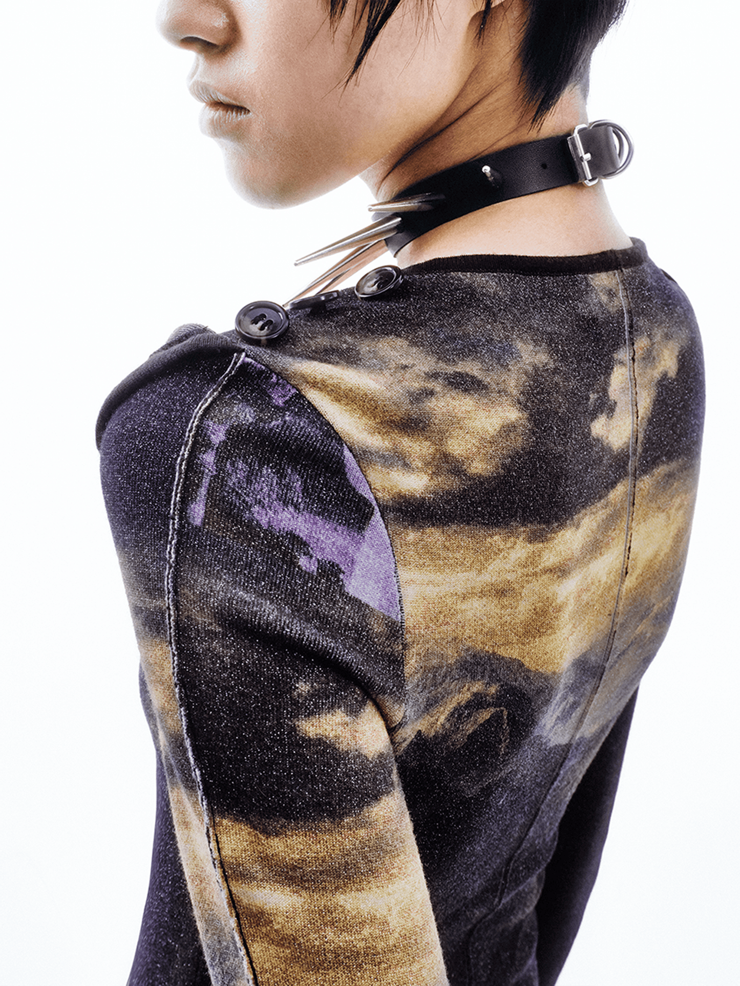 Printed Victorian-style Asymmetric Button Wool Cardigan-TRINITE Studio-APOC STORE