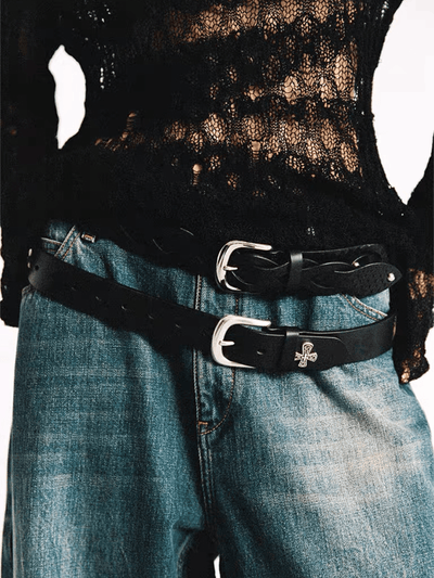 Black Embossed Portrait Leather Belt with Metal Studs-TRINITE Studio-APOC STORE