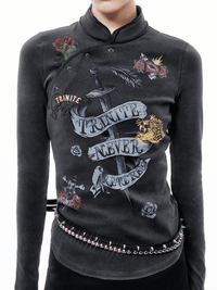 Black Old School Printed Chinese Style Long Sleeve Top-TRINITE Studio-APOC STORE