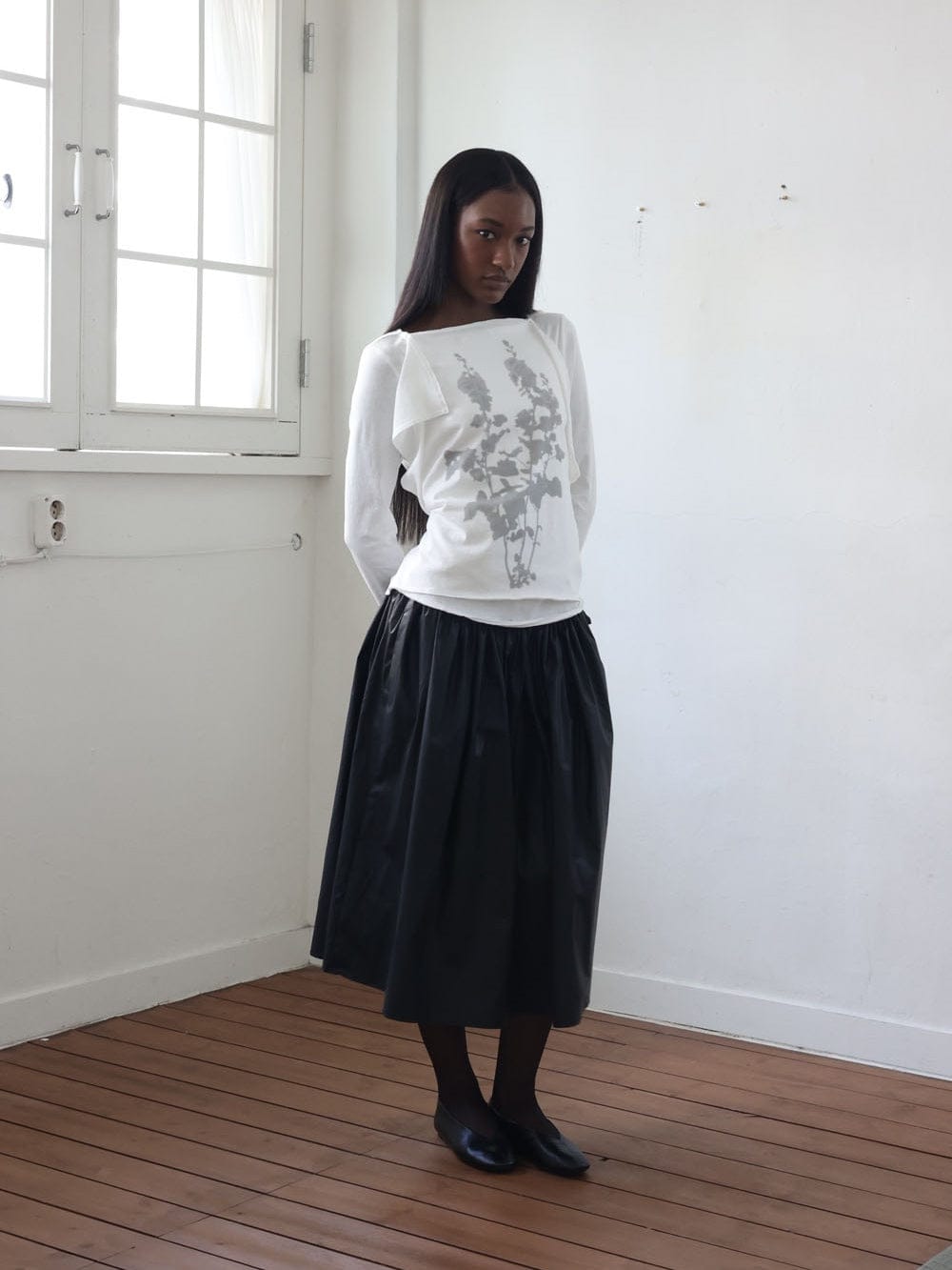 Coated Cotton Gathered Skirt -Black-Julye Han-APOC STORE