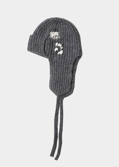 EARFLAP KNIT PATCH HAT GRAY-SAENGIN STUDIOS-APOC STORE