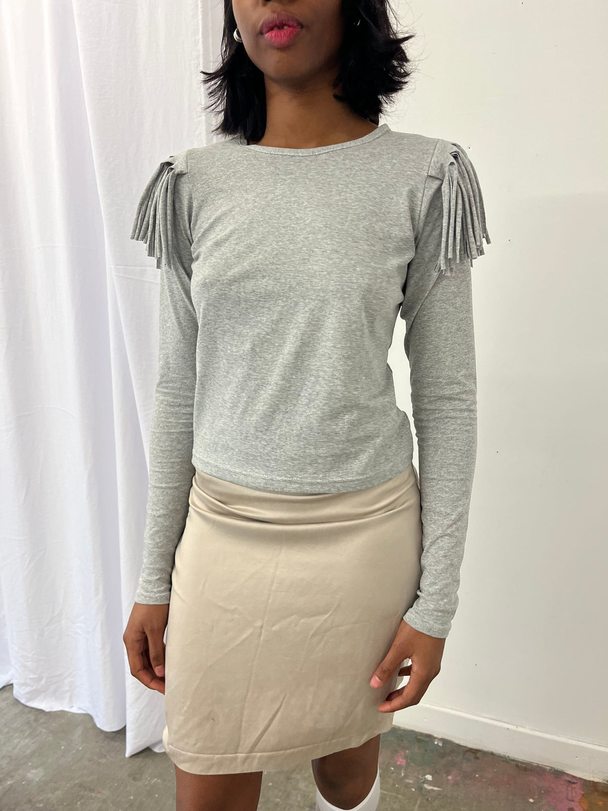 Grey Melange Fringe Long Sleeve-Melissa Tida-APOC STORE