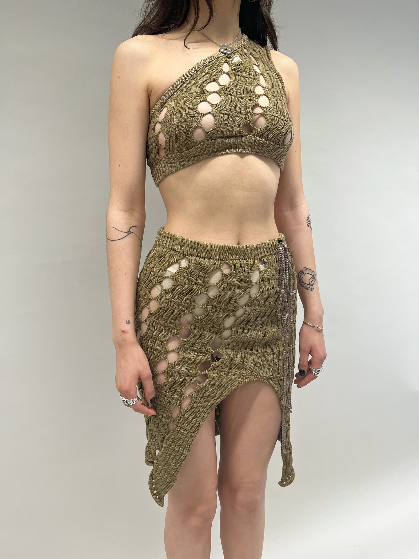 ASYMMETRIC KHAKI KNIT MESH TOP-Sania Parvez-APOC STORE