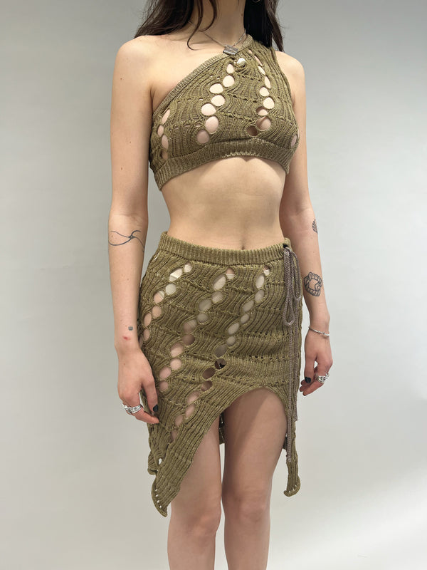 ASYMMETRIC KHAKI KNIT MESH TOP-Sania Parvez-APOC STORE