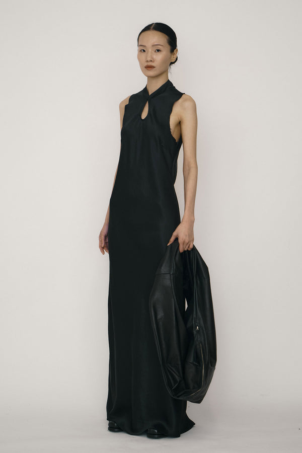 Black Satin Mandarin Collar Bias-Cut Dress-arc us arkus-APOC STORE