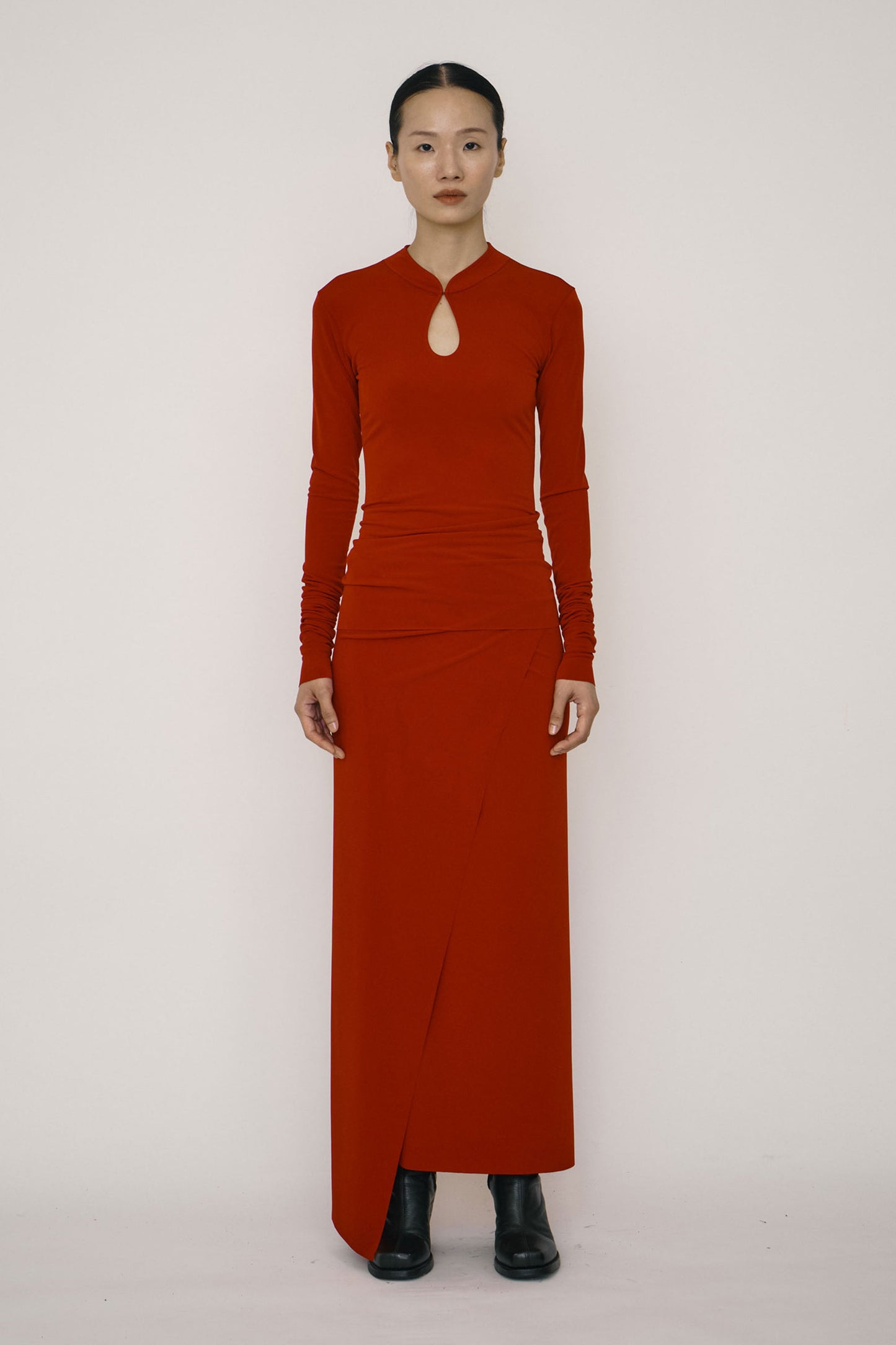 Red Skinny Long-Sleeve Mandarin Collar Top-arc us arkus-APOC STORE