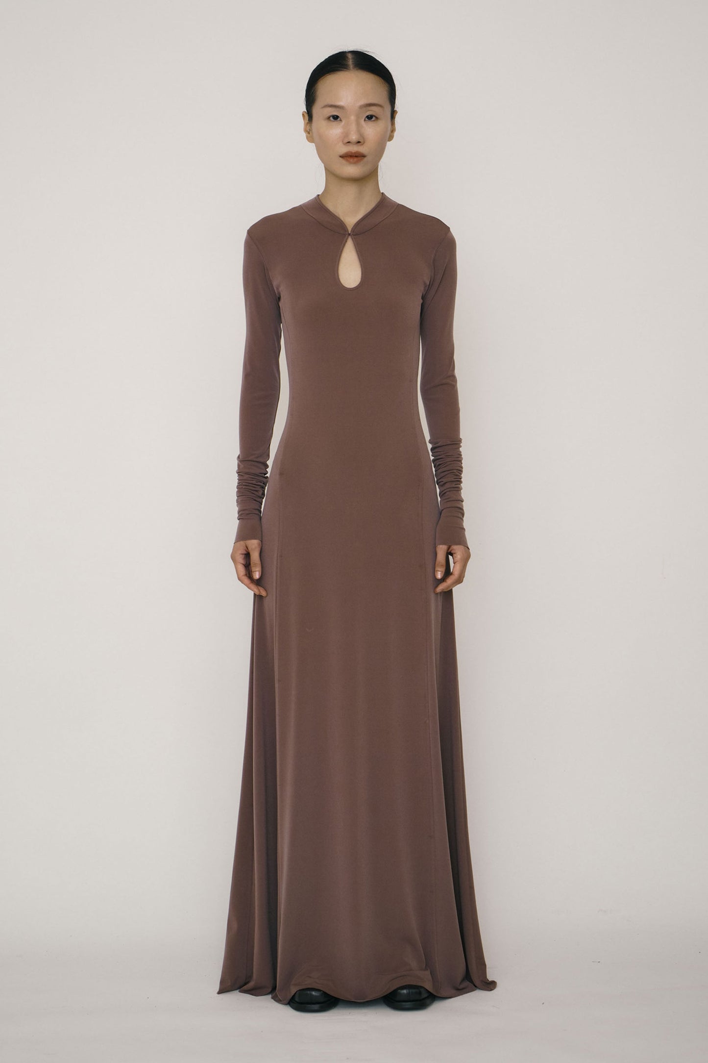 Khaki Skinny Long-Sleeve Mandarin Collar Flared Maxi Dress-arc us arkus-APOC STORE