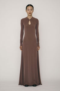 Khaki Skinny Long-Sleeve Mandarin Collar Flared Maxi Dress-arc us arkus-APOC STORE
