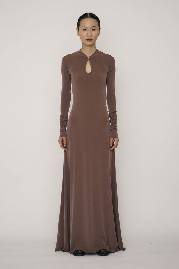 Khaki Skinny Long-Sleeve Mandarin Collar Flared Maxi Dress-arc us arkus-APOC STORE