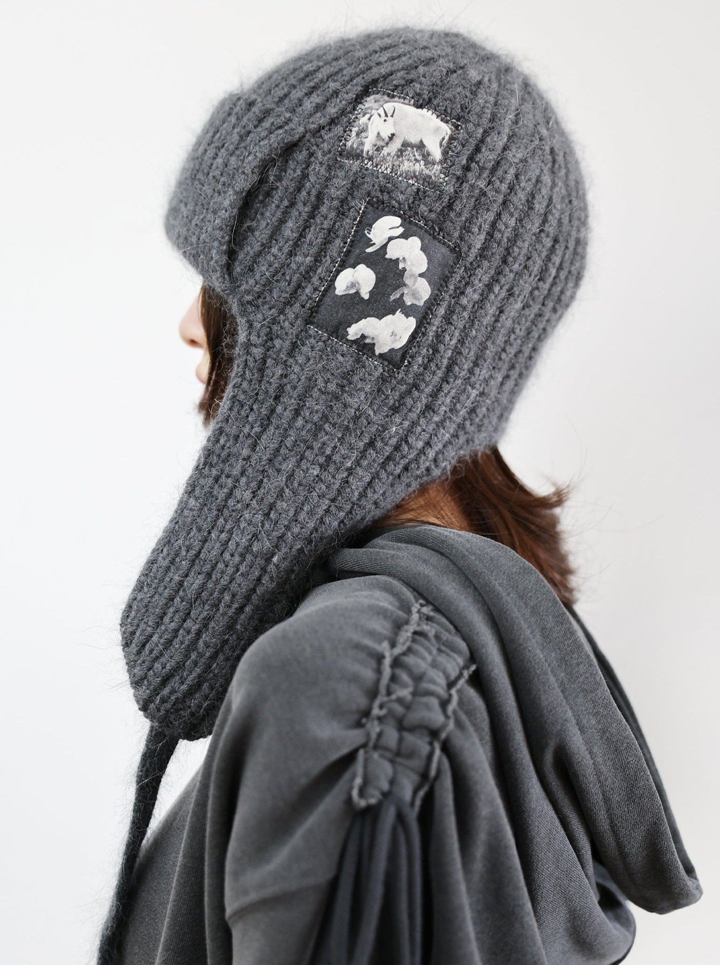 EARFLAP KNIT PATCH HAT GRAY-SAENGIN STUDIOS-APOC STORE