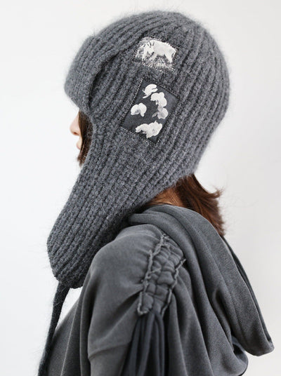 EARFLAP KNIT PATCH HAT GRAY-SAENGIN STUDIOS-APOC STORE