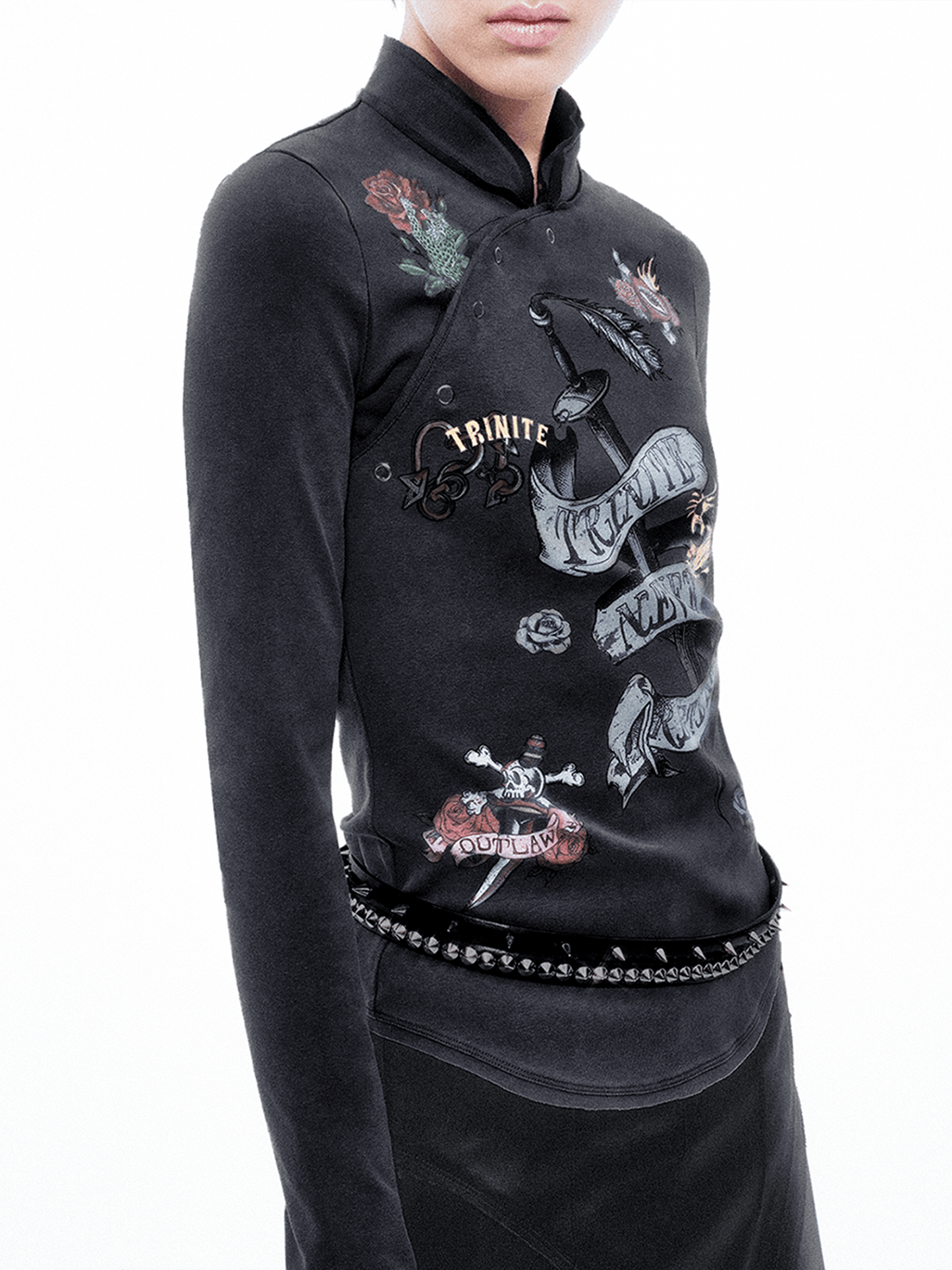 Black Old School Printed Chinese Style Long Sleeve Top-TRINITE Studio-APOC STORE