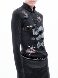 Black Old School Printed Chinese Style Long Sleeve Top-TRINITE Studio-APOC STORE