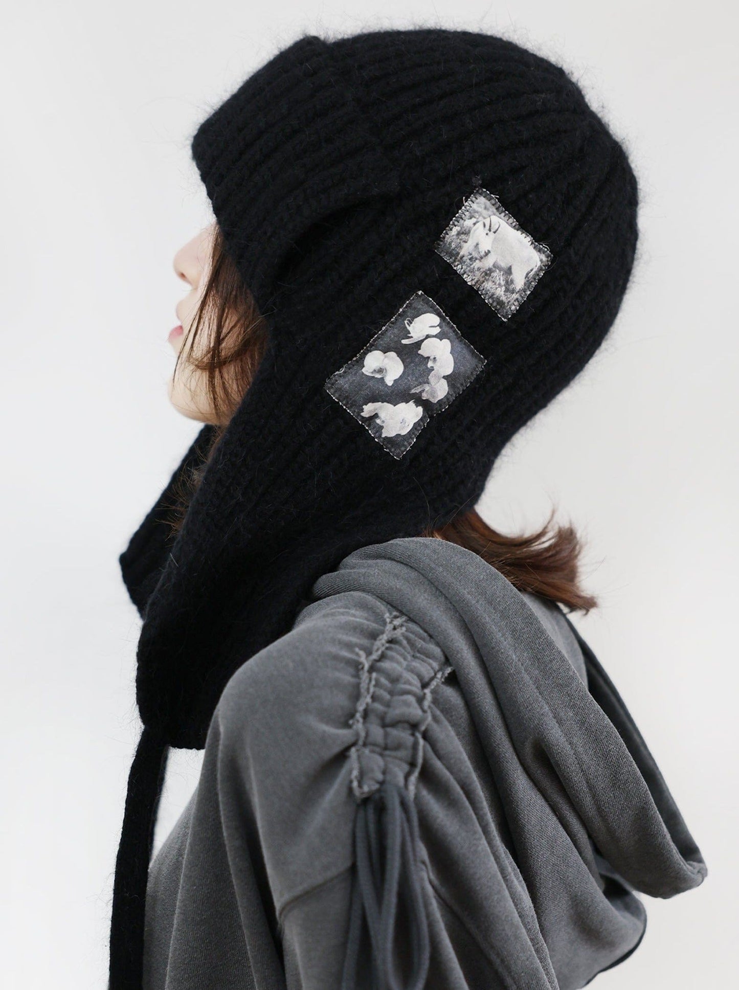 EARFLAP KNIT PATCH HAT BLACK-SAENGIN STUDIOS-APOC STORE