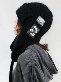EARFLAP KNIT PATCH HAT BLACK-SAENGIN STUDIOS-APOC STORE
