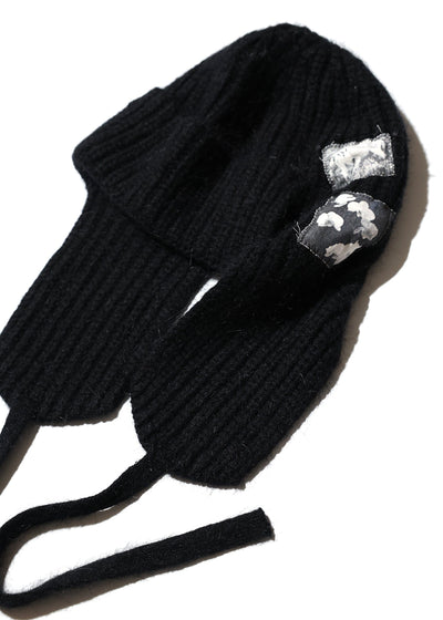 EARFLAP KNIT PATCH HAT BLACK-SAENGIN STUDIOS-APOC STORE