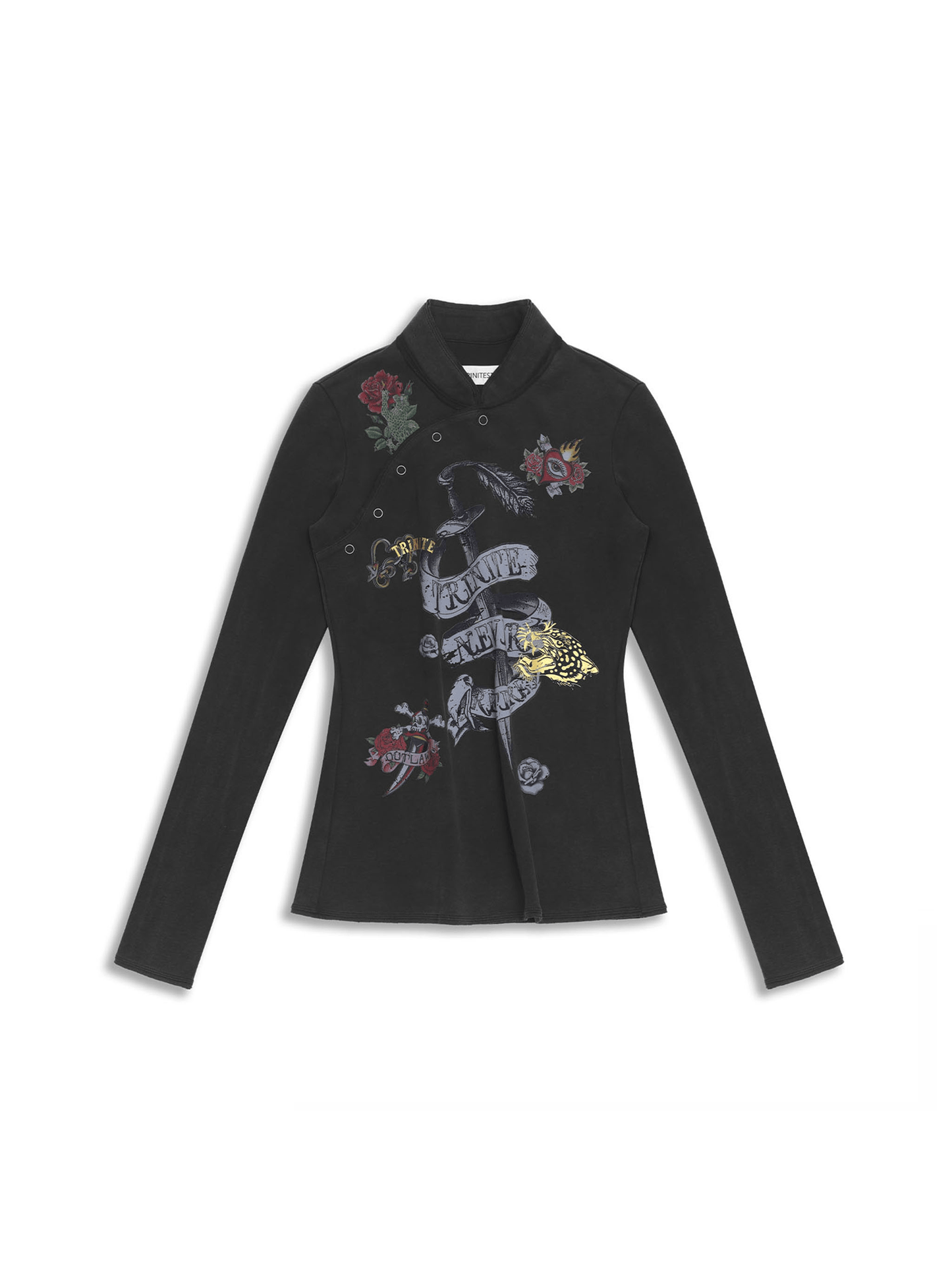 Black Old School Printed Chinese Style Long Sleeve Top-TRINITE Studio-APOC STORE