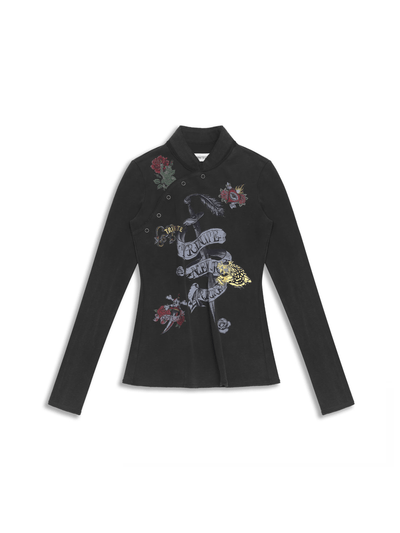 Black Old School Printed Chinese Style Long Sleeve Top-TRINITE Studio-APOC STORE