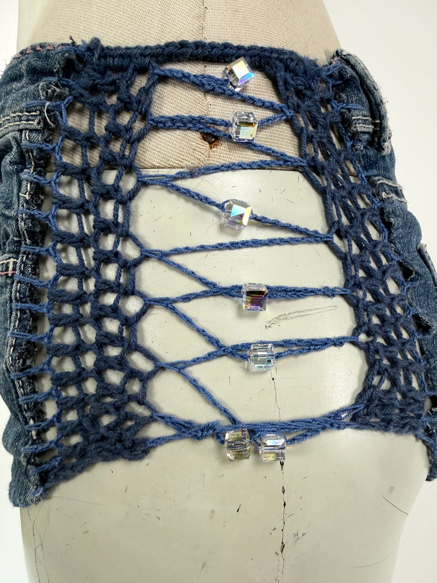 Crocheted Mini Denim Shorts-Lou de Bètoly-APOC STORE