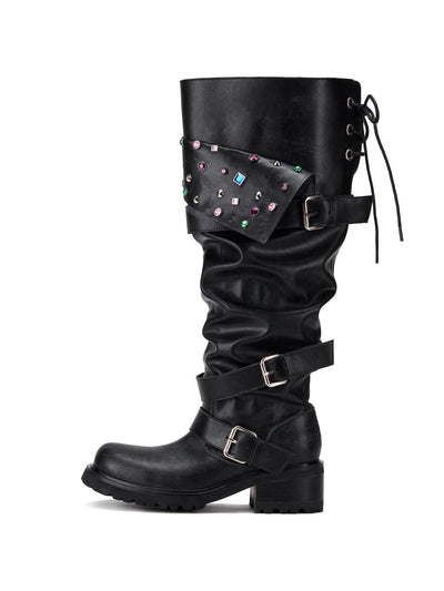 Beaded Cuff Western Boots -Black-EMPTY BEHAVIOR-APOC STORE