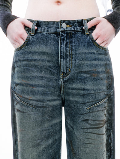 Distressed Dirty Printed Loose Jeans-TRINITE Studio-APOC STORE