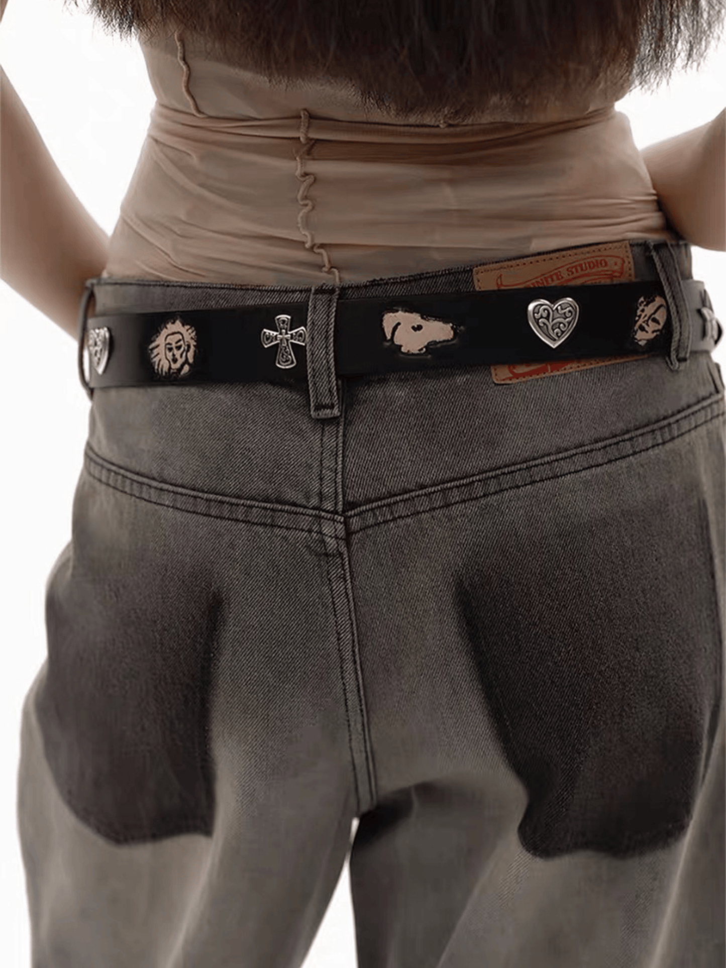 Black Embossed Portrait Leather Belt with Metal Studs-TRINITE Studio-APOC STORE