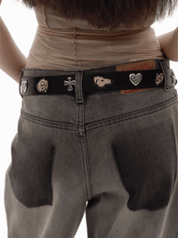 Black Embossed Portrait Leather Belt with Metal Studs-TRINITE Studio-APOC STORE