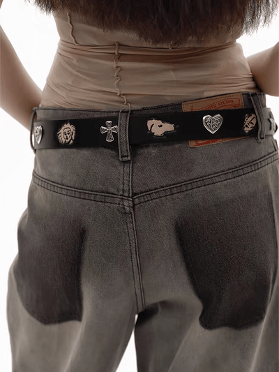 Black Embossed Portrait Leather Belt with Metal Studs-TRINITE Studio-APOC STORE