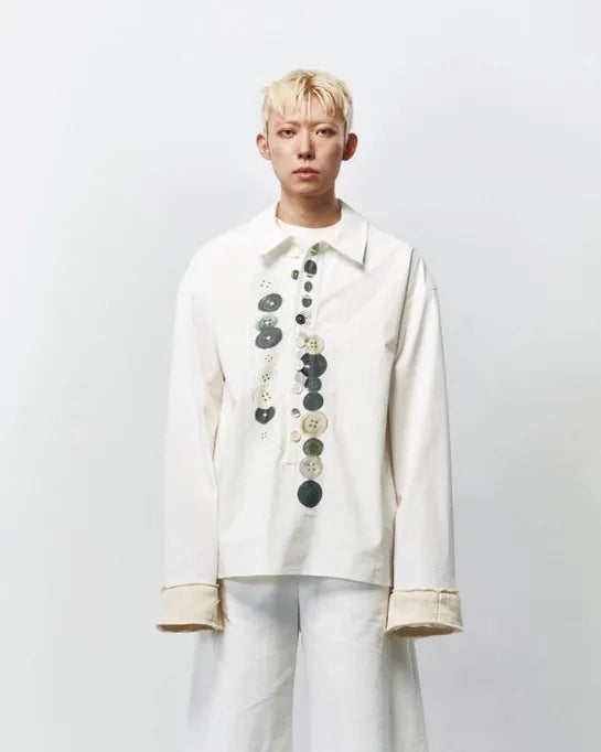 Printed Button Work Oversized Shirt 001 _ White-Taekh-APOC STORE
