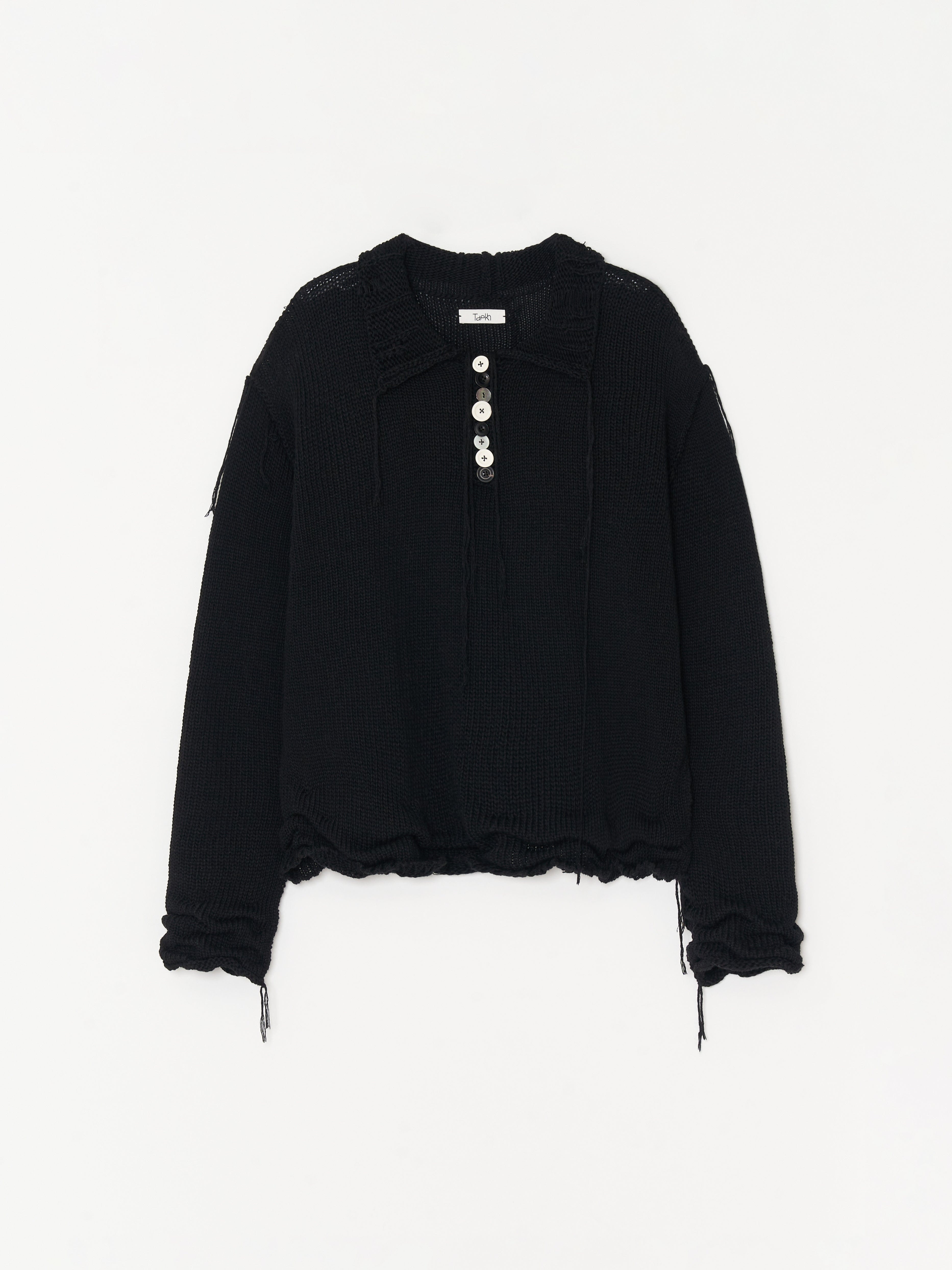 second layer ニットポロ Hand Distressed Collar Cashmere Knit 002 - Black – APOC STORE