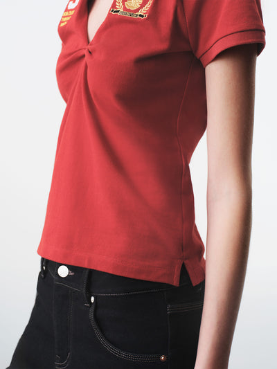 Red Knotted Deconstructed Polo Top-TRINITE Studio-APOC STORE