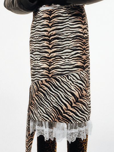 Raw-finish Tiger-print Satin Skirt with Lace Underlayer Pants-TRINITE Studio-APOC STORE