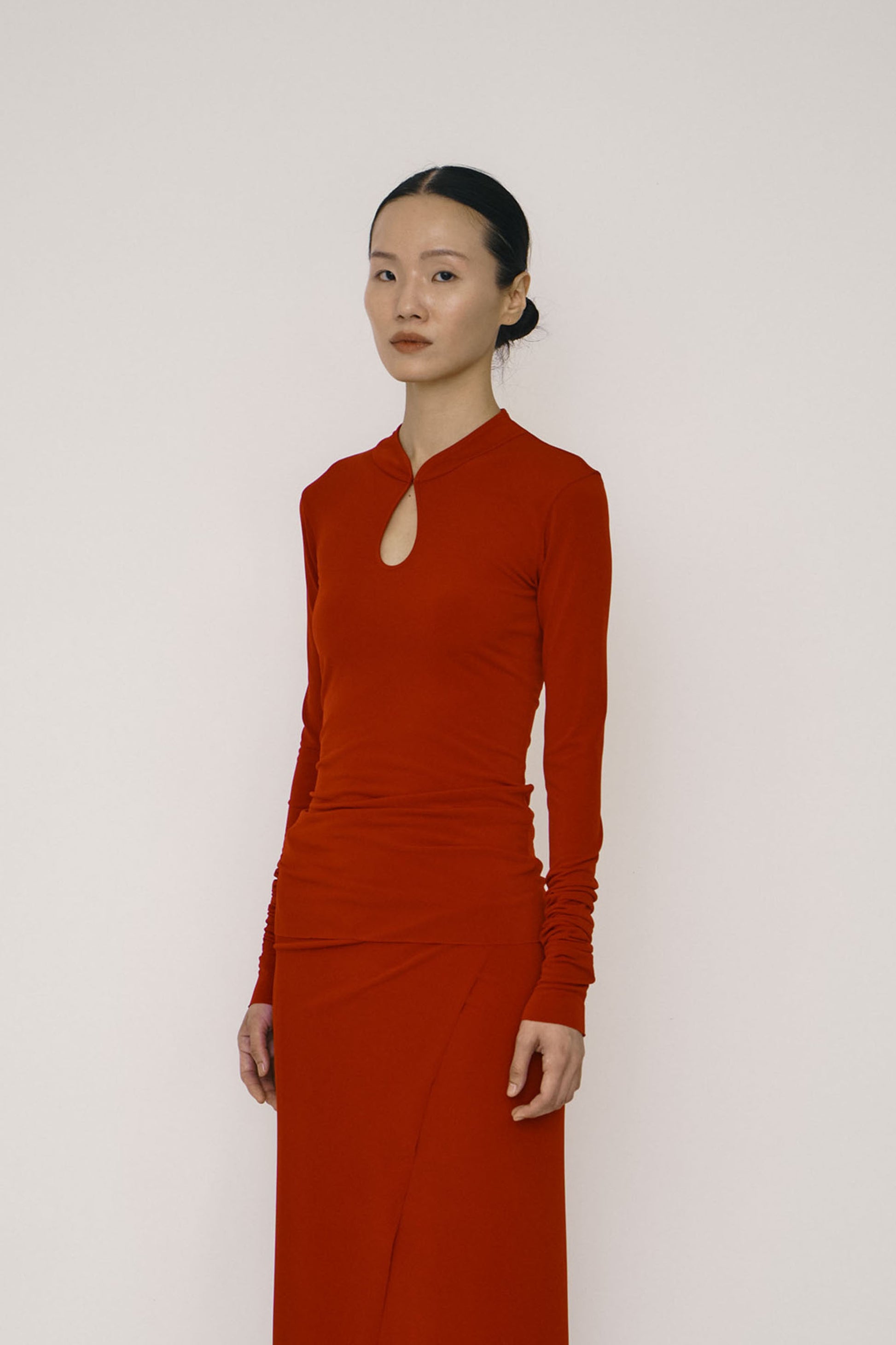 Red Skinny Long-Sleeve Mandarin Collar Top-arc us arkus-APOC STORE