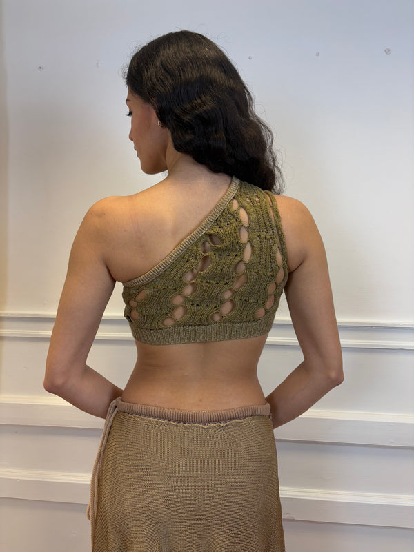 ASYMMETRIC KHAKI KNIT MESH TOP-Sania Parvez-APOC STORE