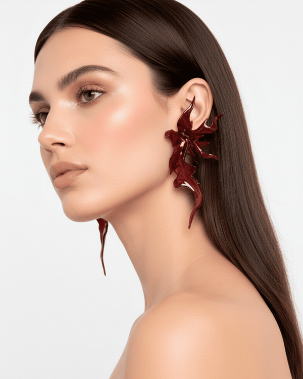 Burgundy Sculptural Flower Earrings-WHYNOEN-APOC STORE